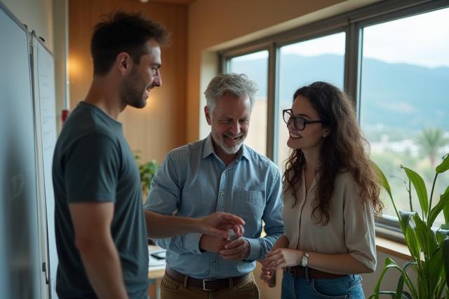 Diverse Vista Living founding team collaborating in a modern, light-filled office space in Denver, Colorado.