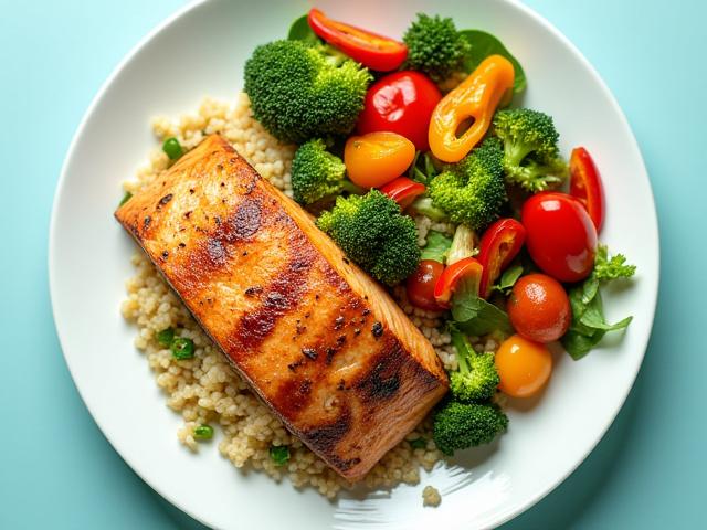 Vibrantly colored healthy meal featuring salmon, quinoa, and fresh vegetables