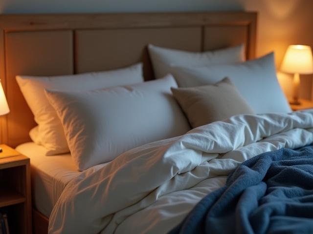 Comfortable bedroom with soft lighting and a made bed, inviting sleep