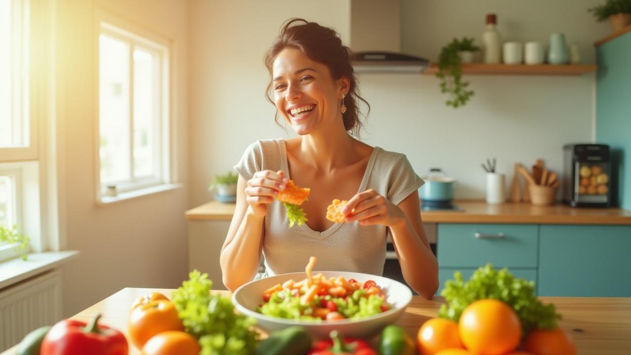 Woman enjoying vibrant, healthy food in a sunlit kitchen, embodying longevity