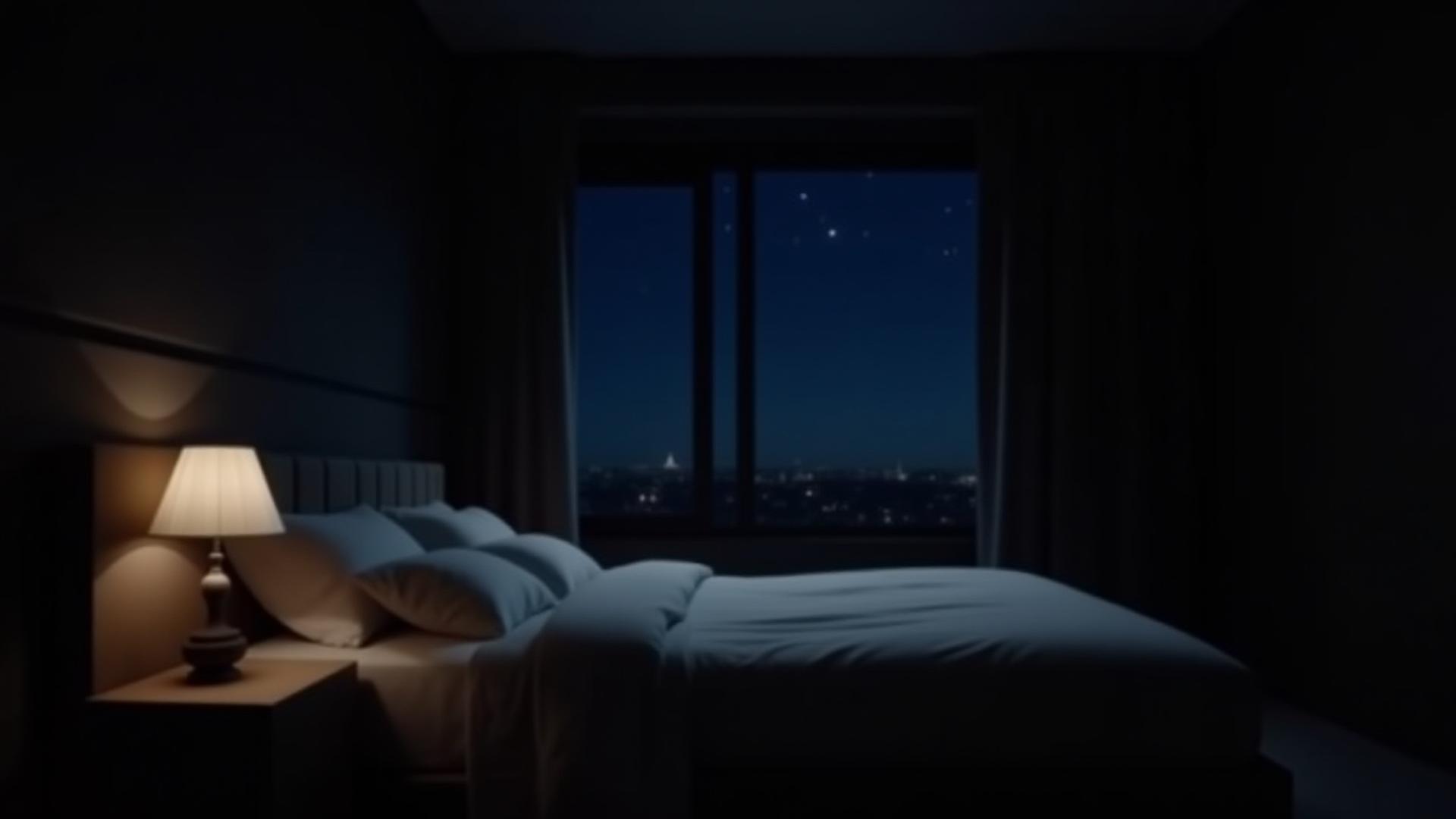 Serene, calming bedroom environment at night, evoking deep relaxation